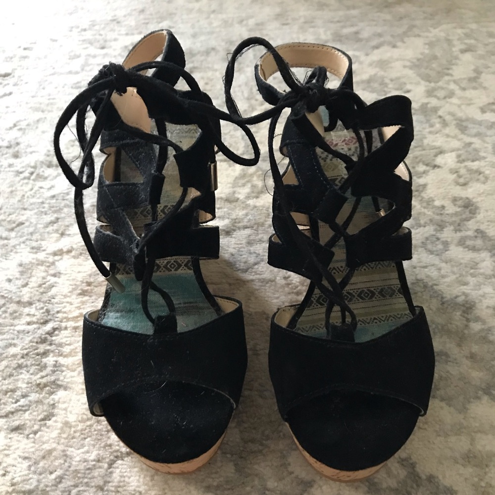 Black suede platform wedges, size 6
